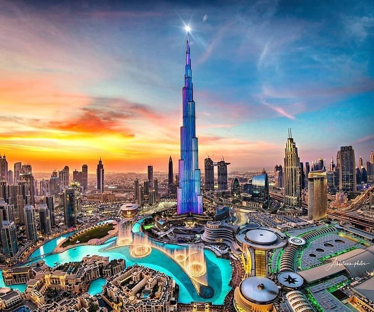 Skyline of Dubai with Burj Khalifa at dawn